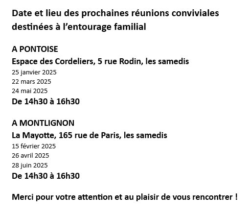 Calendrier des Réunions Conviviales 2025 UNAFAM 95