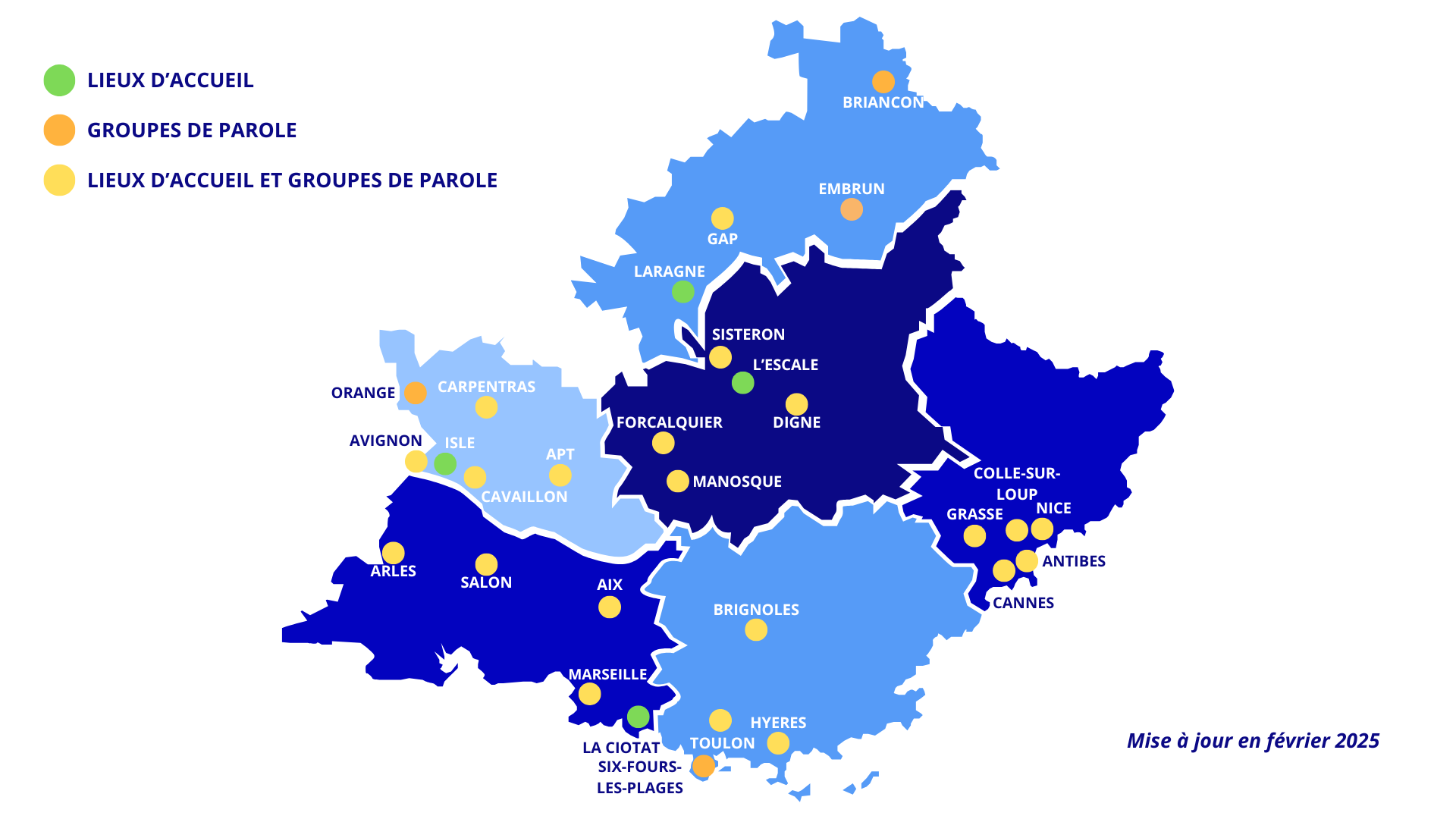 Carte avec les différents points d'accueils et groupes de parole proposés par les délégations départementales de l'Unafam dans la région PACA : Gap, Laragne, Embrun, Briançon, Sisteron, L'Escale, Digne-les-Bains, Forcalquier, Manosque, Carpentras, Apt, Avignon, Cavaillon, Isle, Orange, Arles, Salon-de-Provence, Aix-en-Provence, Marseille, La Ciotat, Brignoles, Toulon, Hyeres, Six-Fours-les-Plages, Grasse, Cannes, Colle-sur-Loup, Antibes et Nice